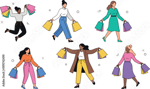 Stylish women shopping poses set with colorful bags, modern fashion outfits and dynamic movement, retail lifestyle flat vector illustration
