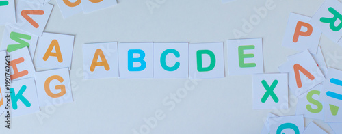  Top view of colorful letter cards spelling 