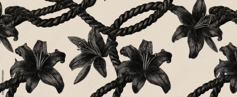 Fototapeta premium Frayed ropes and lilies dance in a vintage pattern like whispers in a dark forest.