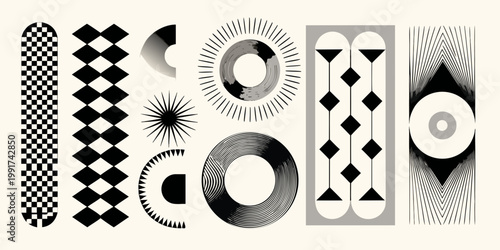 Abstract geometric patterns in black and white arranged vertically