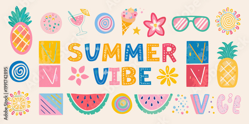 Colorful summer illustrations with fruits drinks and vibrant typography