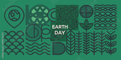 A vibrant green earth day illustration featuring various nature themed shapes