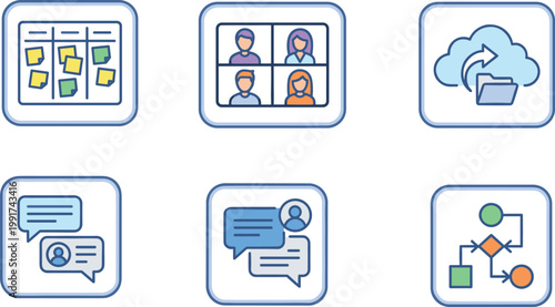 Collaboration and Remote Work Management Icons Set Featuring Kanban Board, Video Conference, Cloud Computing, Online Chat, Messaging, and Business Process Flowchart