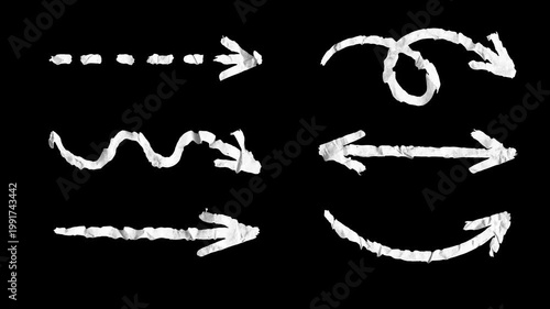 Animated stop motion pack of crumpled white paper arrows on a black background. Versatile directional symbols perfect for tutorials, vlogs, and creative video edits