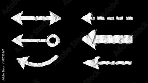 Animated stop motion pack of crumpled white paper arrows on a black background. Versatile directional symbols perfect for tutorials, vlogs, and creative video edits