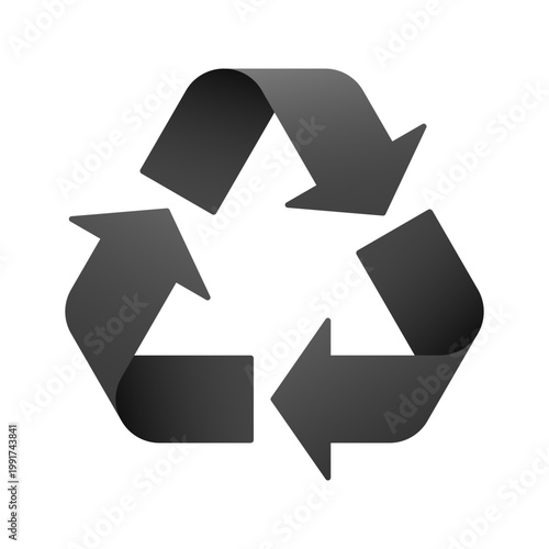 Black colored recycle symbol with 3D effect, triangle triple arrow for e-waste waste sorting. Vector