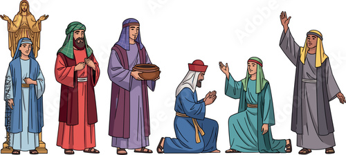 Biblical figures set with ancient characters in traditional robes, praying and offering scenes, religious story illustration in detailed vector style
