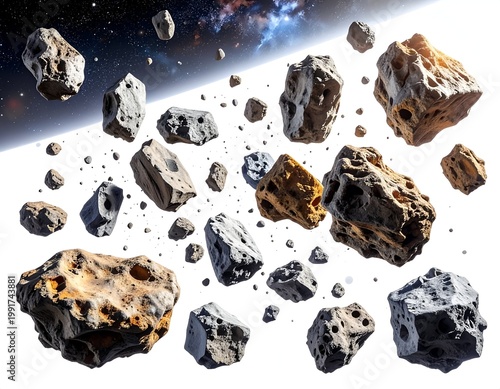 Numerous irregular, rocky celestial bodies drift through the vastness of space, illuminated by distant starlight