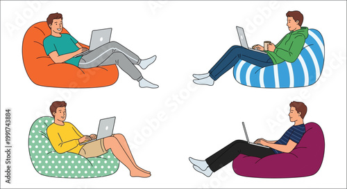 Four people relaxing on beanbag chairs with laptops digital nomad lifestyle