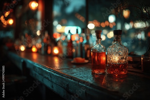 Whiskey bottles on bar counter with city night lights