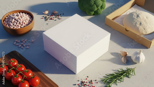 Fresh organic vegetables and raw ingredients with blank white box mock-up on concrete surface in sunlight. Concept of healthy cooking and product design