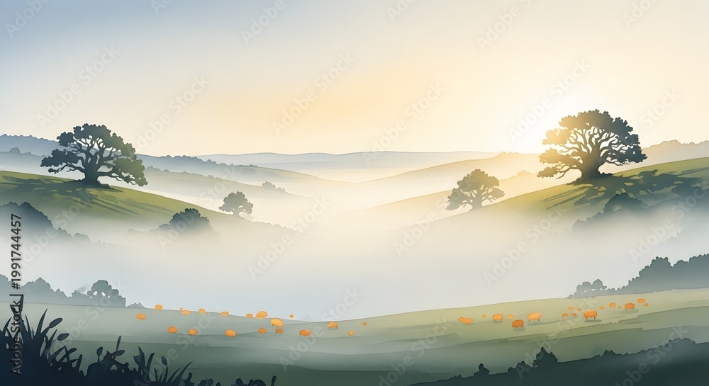 Fototapeta premium Misty rolling hills landscape with grazing sheep at golden sunrise