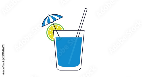 A refreshing blue summer cocktail drink with lime slice and mini umbrella.