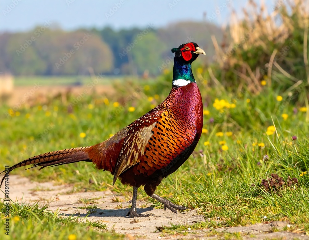 Fototapeta premium A pheasant walks on a dirt path through grass and wildflowers