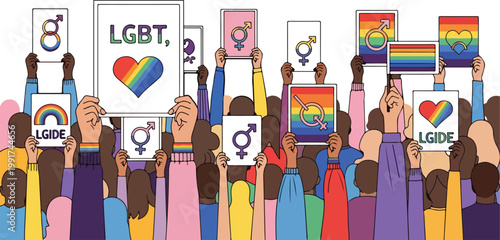 Diverse Hands Holding Pride Posters with Rainbow Flags and Symbols