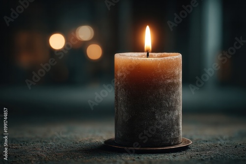 Lit candle with soft bokeh background and dark atmosphere