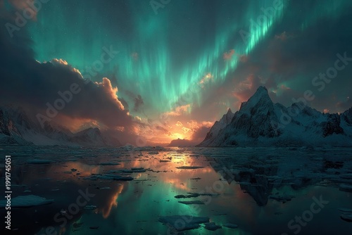 Aurora borealis over arctic mountains and frozen landscape
