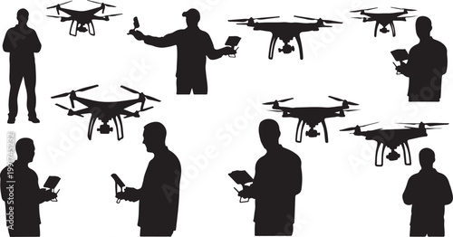 Silhouettes of people operating drones with controllers in hand