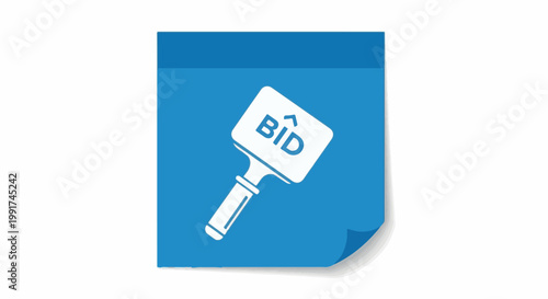 White icon of a gavel on blue paper with a curved corner