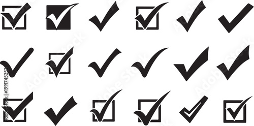 Collection of various checkmark and checkbox icons on white