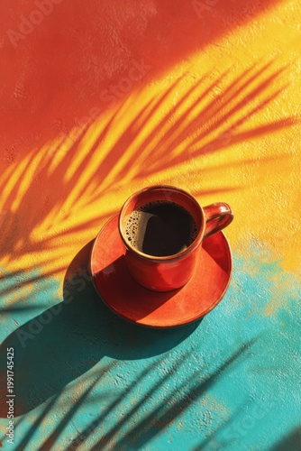Red coffee cup with vibrant colorful shadow on bright background