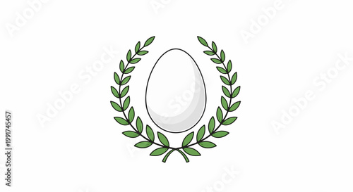 White egg surrounded by a green laurel wreath on a white background