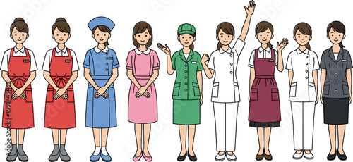 Service staff uniforms set with workers in different professions, hospitality and healthcare employees, standing characters modern vector illustration collection