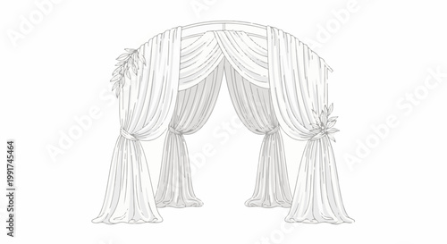 White draped archway with decorative leaves and floral accents