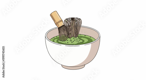 Whisk preparing frothy green tea in a ceramic bowl