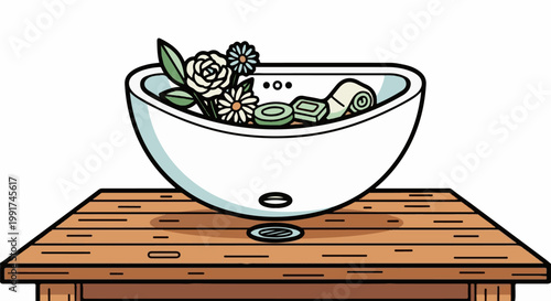 White basin filled with flowers, rolled towels and soaps on wooden planks