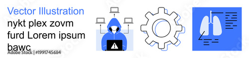 Cybersecurity, technology processes, hacking threats, digital systems, medical analysis, data security. Graphics include hacker with a laptop, gear and lungs medical analysis chart. Cybersecurity
