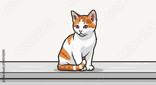 Whimsical orange and white feline sits alertly on a gray ledge