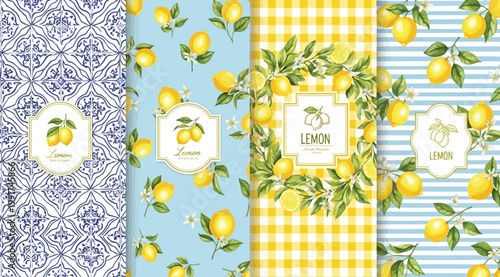 Set of four seamless patterns with fresh lemon themes, including mediterranean tiles, scattered lemons, a gingham background, and striped designs with fruit and leaves