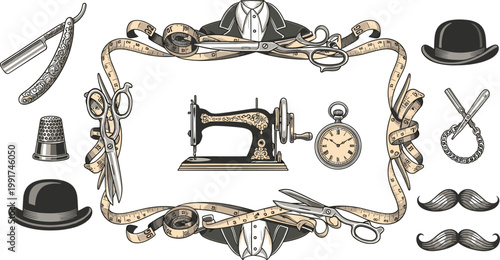 Vintage Tailor Tools Illustration Set with Sewing Machine Scissors Measuring Tape Suit and Mustache Elements for Retro Fashion Design Vector Collection