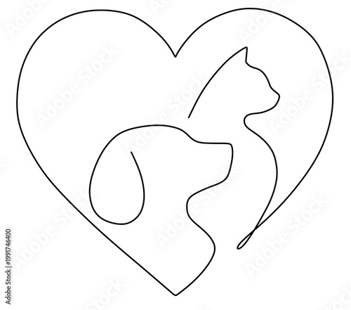 a continuous line drawing of a dog and a cat side by side with flowing lines forming a heart. symbolizes affection, love for pets.