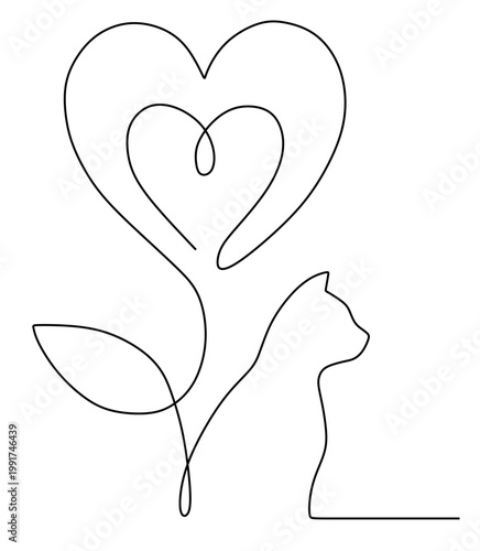 a continuous line drawing of a cat with a flowing, unbroken line forming a heart at the top. symbolizes affection, love for pets.