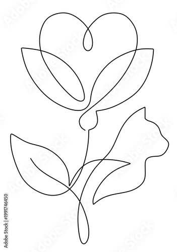 a continuous line drawing of a cat with a flowing, unbroken line forming a leaf and a heart at the top. symbolizes affection, love for pets.