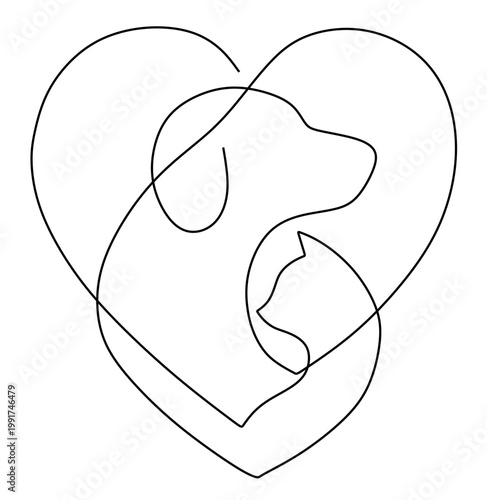 a continuous line drawing of a dog and a cat side by side with flowing lines forming a heart. symbolizes affection, love for pets.