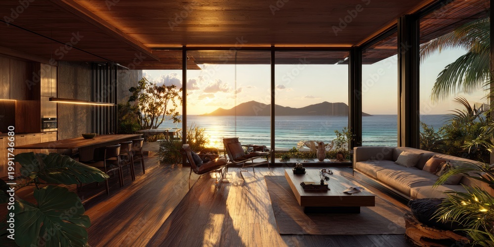 Fototapeta premium Modern coastal living room with ocean sunset views