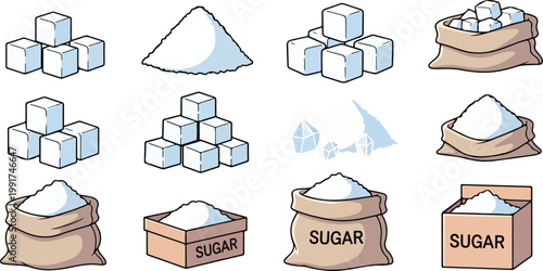 Photos Cartoon Sugar Illustration Set with Cubes Bags and Sweet Packaging Elements
