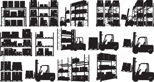 Warehouse Storage Silhouettes with Forklifts and Shelving Units