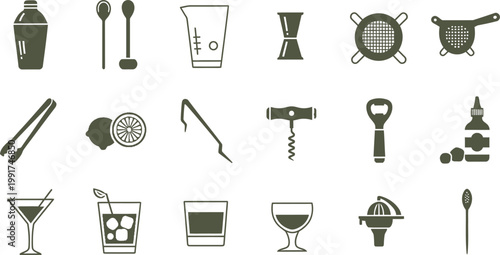Essential bar tools and glassware for crafting classic cocktails Vector