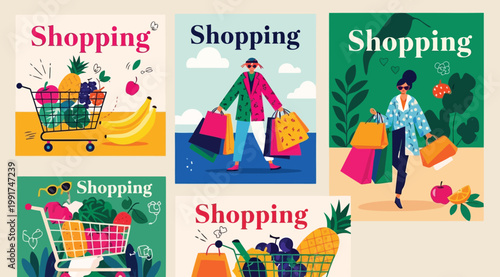 Set of shopping posters with people and shopping carts, flat vector illustration