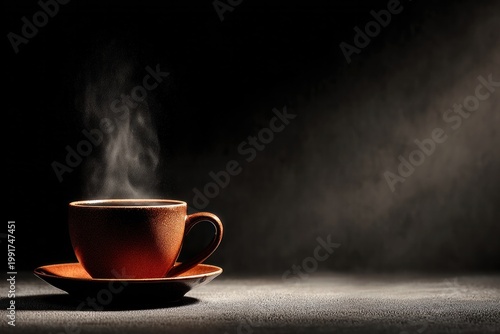 Steaming hot beverage in rustic ceramic cup on dark background