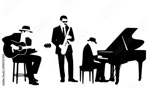 Jazz Band Silhouette with Guitar Bass Saxophone and Piano — Black Music Trio Performance Illustration for Print, Poster, Music Festival, and Graphic Design Projects