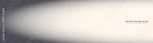 Pop art dots halftone pattern elliptical faded frame ultra wide 32:9 aspect ratio retro style vector abstract background. Wavy dotted structure half tone texture panoramic format graphical abstraction