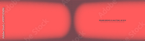 Halftone graphic square bricks pattern rounded dual framed border ultra wide 32:9 aspect ratio red black vector abstract background. Half tone retro futuristic panoramic ultrawide graphic abstraction