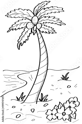  Line art of a serene beach scene with a single palm tree and tropical flowers on a transparent background