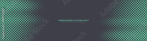 Square rounded dots turquoise halftone pattern fluid border frame ultra wide 32:9 aspect ratio vector abstract background. Half tone graphic ultrawide format futuristic cyberpunk style design element