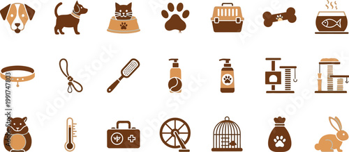 Collection of icons related to pets and pet care accessories Vector